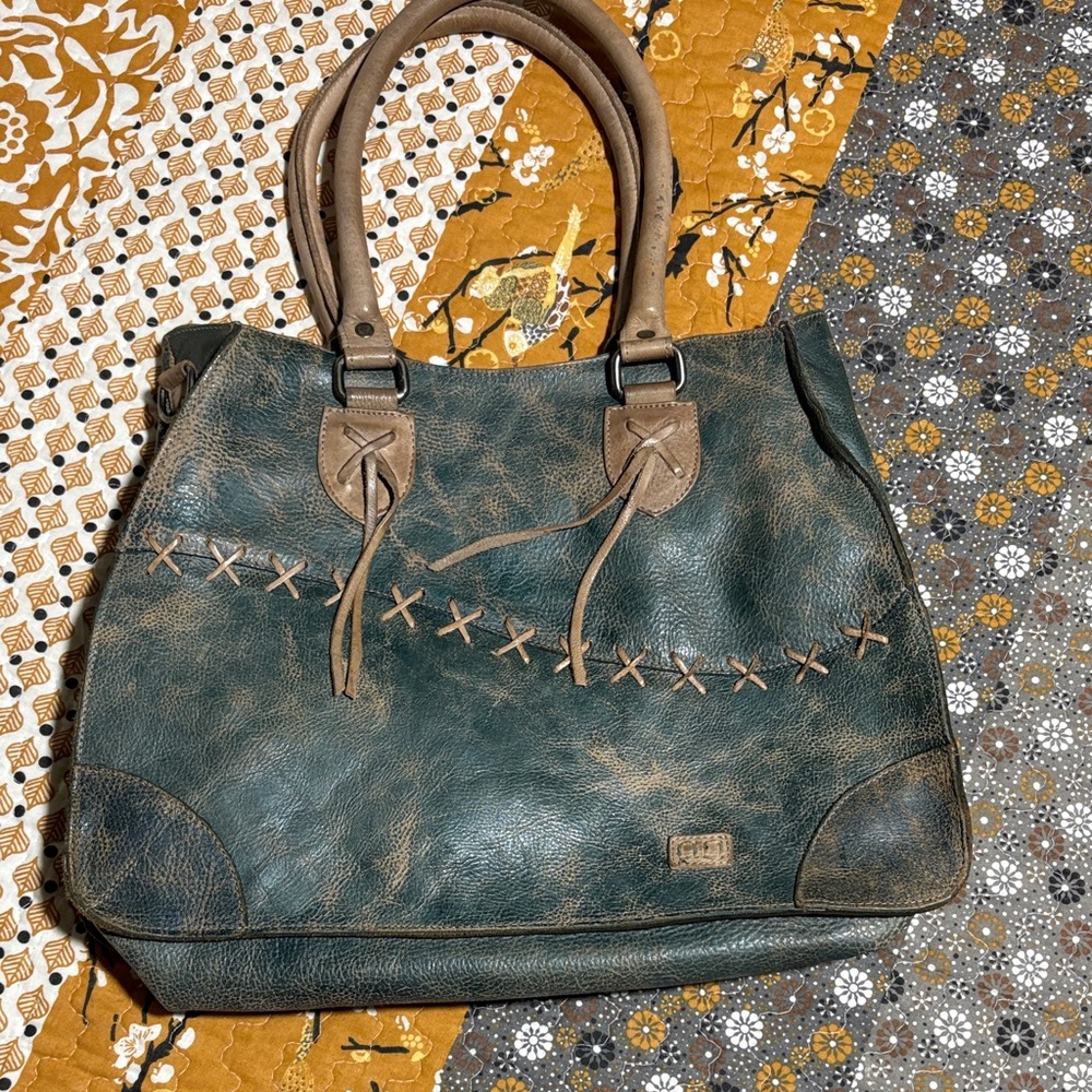 Bed Stu Distressed Leather Tote in Teal and Tan